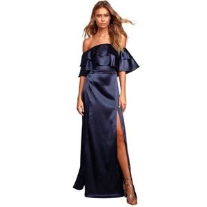 NEW Lulus Pure Happiness Blue Navy Satin Off-the-Shoulder Gown Dress